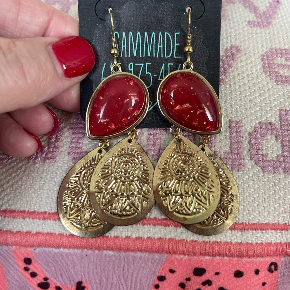 BoHo Gold and Orange Red Dangle Earrings - Picture 5 of 6